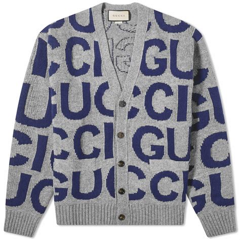 Wool cardigan with Gucci intarsia in grey and blue 